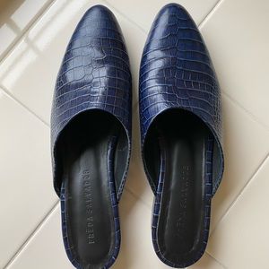 Freda Salvador Croc Embossed Blue Leather Mules.